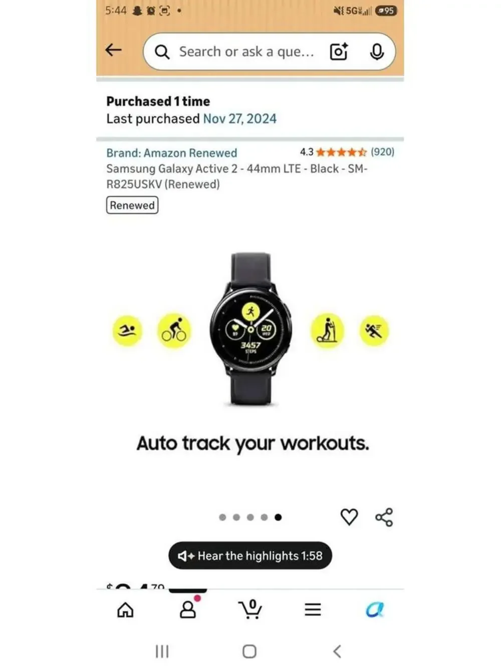 Samsung Galaxy Watch Active2 44mm LTE Black SM-R825U Bands Charger